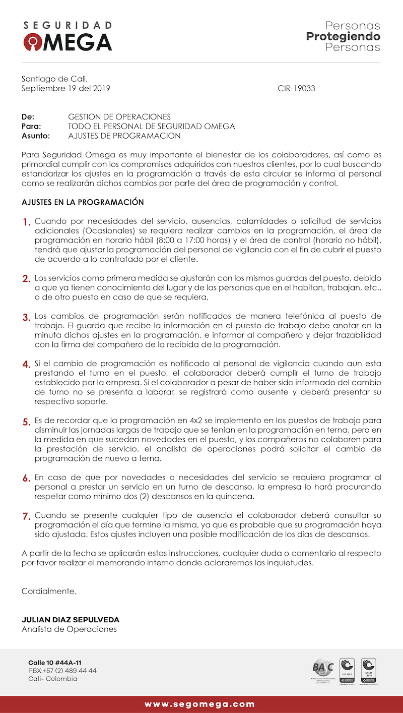 URGENTE - tenga en cuenta los ajustes en la programación