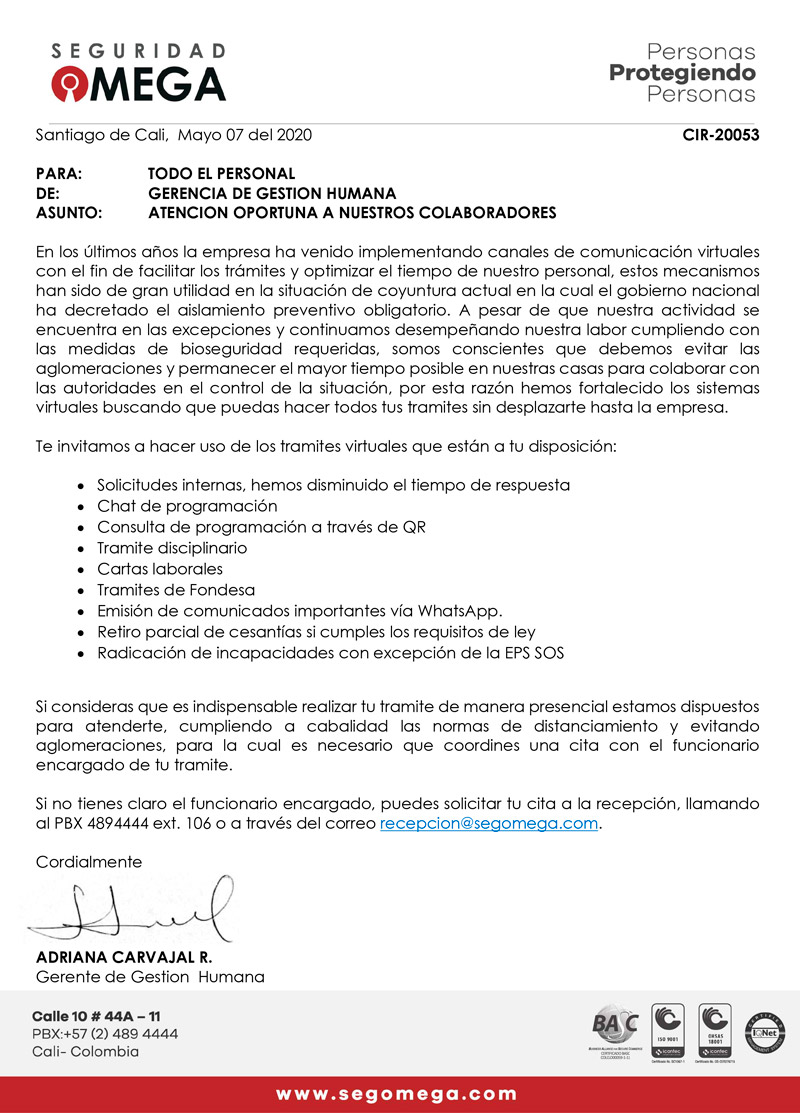 Comunicado | Atención oportuna a nuestros colaboradores