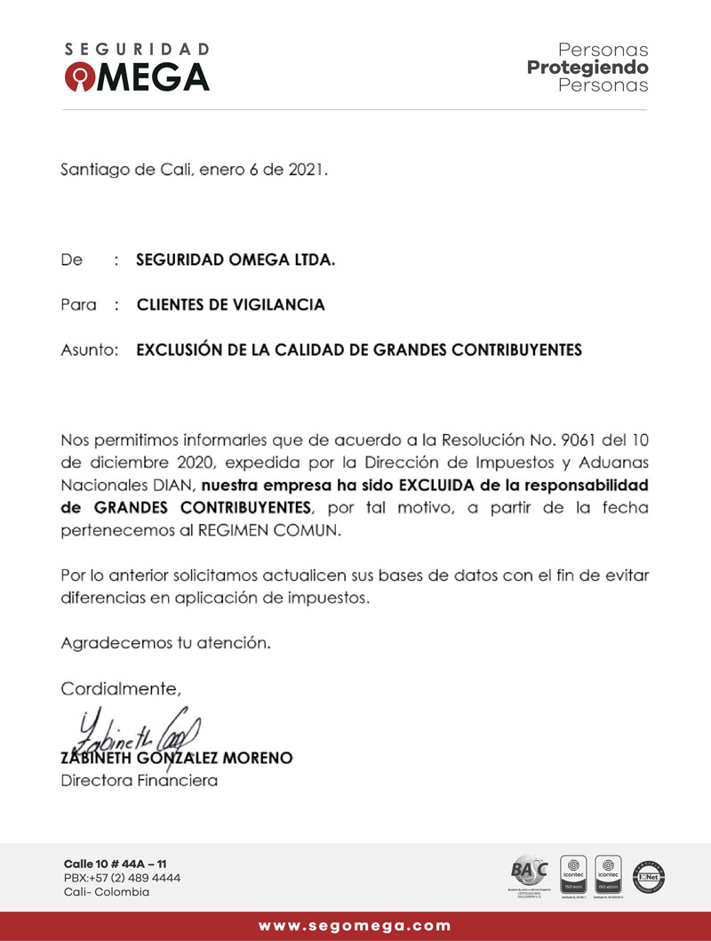 Circular |  Exclusión de la calidad de grandes contribuyentes