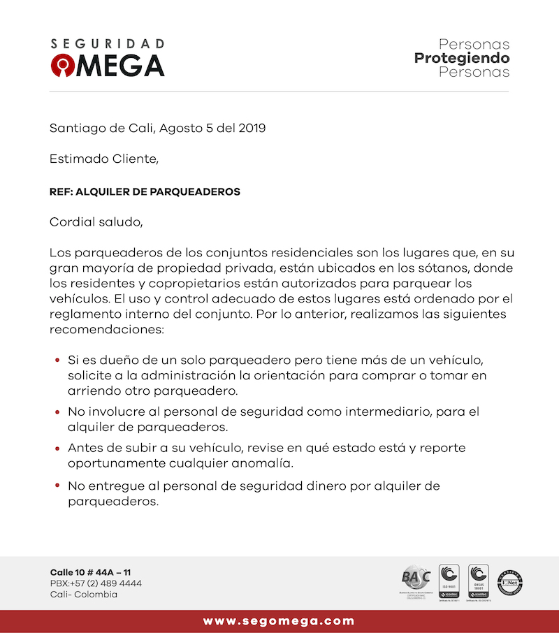 Comunicado alquiler de parqueaderos
