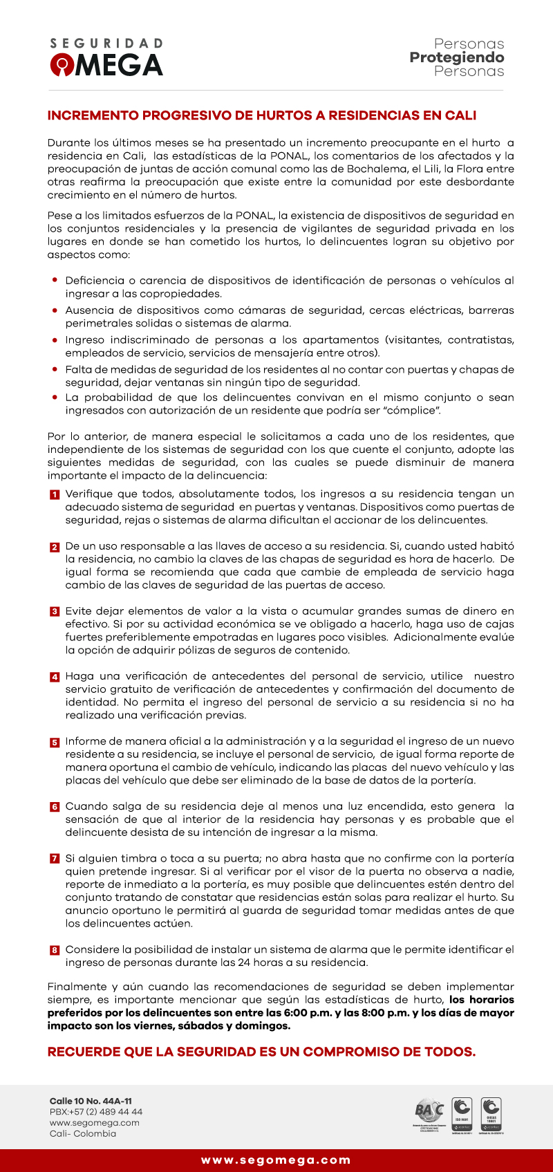 Incremento progresivo de hurtos a residencias en Cali.