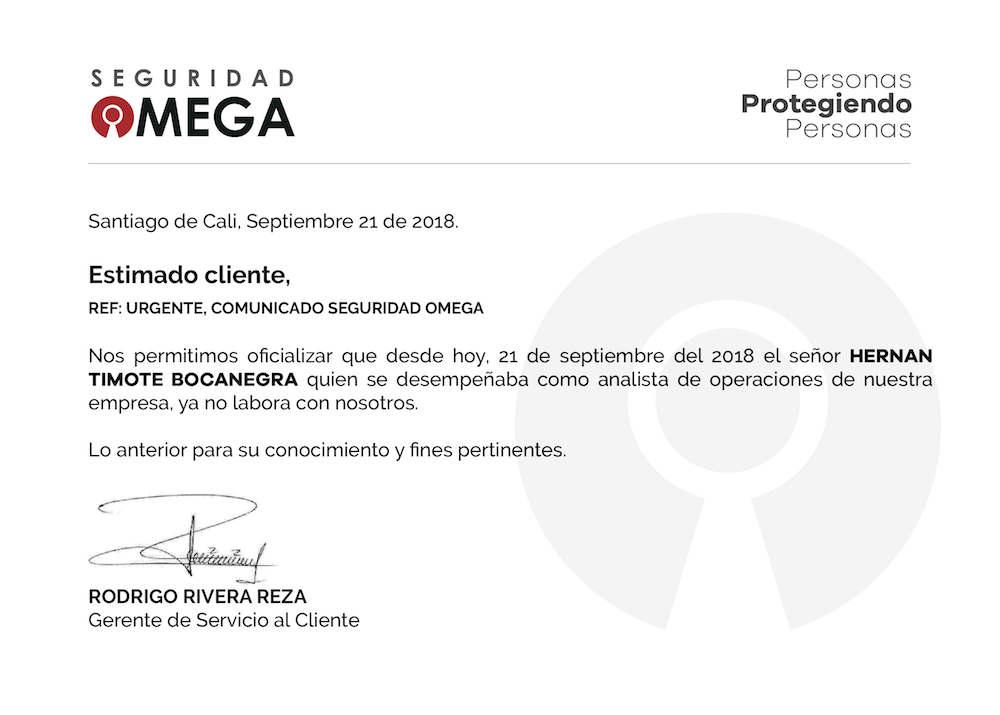 Urgente, Comunicado Seguridad Omega
