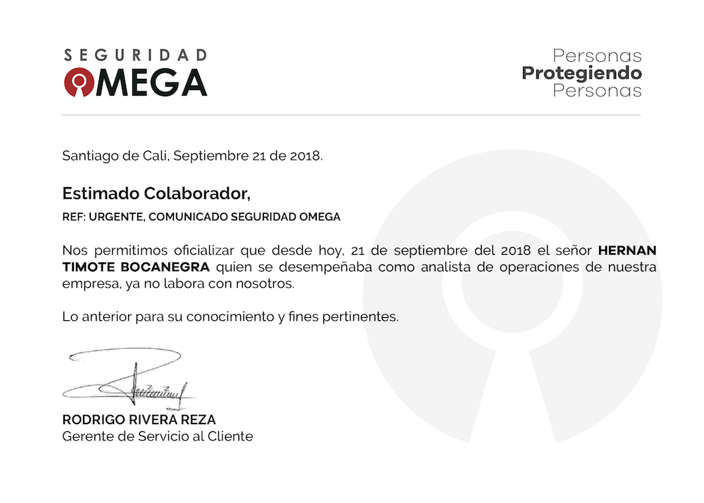 Urgente, Comunicado Seguridad Omega