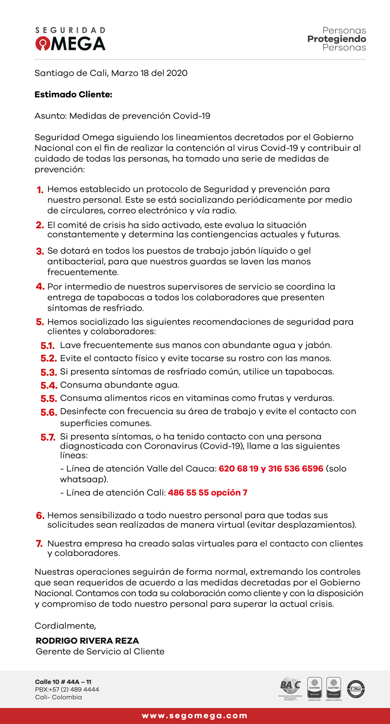 Medidas de prevención Covid-19 en Seguridad Omega